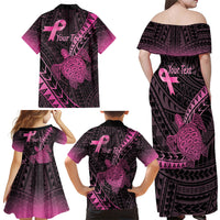 Breast Cancer Awareness Personalised Family Matching Off Shoulder Maxi Dress and Hawaiian Shirt Pink Ribbon Turtle Polynesian Pattern Black LT22 - Polynesian Pride