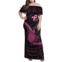 Breast Cancer Awareness Personalised Family Matching Off Shoulder Maxi Dress and Hawaiian Shirt Pink Ribbon Turtle Polynesian Pattern Black LT22 Mom's Dress Pink - Polynesian Pride