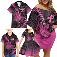 Breast Cancer Awareness Personalised Family Matching Off Shoulder Short Dress and Hawaiian Shirt Pink Ribbon Turtle Polynesian Pattern Black LT22 - Polynesian Pride