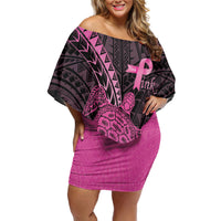 Breast Cancer Awareness Personalised Family Matching Off Shoulder Short Dress and Hawaiian Shirt Pink Ribbon Turtle Polynesian Pattern Black LT22 Mom's Dress Pink - Polynesian Pride