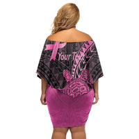 Breast Cancer Awareness Personalised Family Matching Off Shoulder Short Dress and Hawaiian Shirt Pink Ribbon Turtle Polynesian Pattern Black LT22 - Polynesian Pride