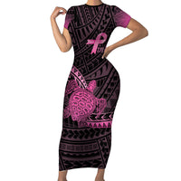 Breast Cancer Awareness Personalised Family Matching Short Sleeve Bodycon Dress and Hawaiian Shirt Pink Ribbon Turtle Polynesian Pattern Black LT22 Mom's Dress Pink - Polynesian Pride