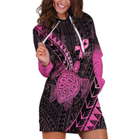 Breast Cancer Awareness Personalised Hoodie Dress Pink Ribbon Turtle Polynesian Pattern Black