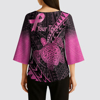 Breast Cancer Awareness Personalised Kimono Sleeve Blouse Pink Ribbon Turtle Polynesian Pattern Black