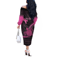 Breast Cancer Awareness Personalised Off The Shoulder Long Sleeve Dress Pink Ribbon Turtle Polynesian Pattern Black