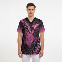 Breast Cancer Awareness Personalised Scrub Top Pink Ribbon Turtle Polynesian Pattern Black