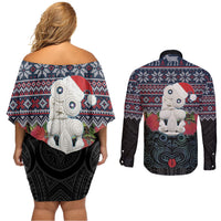 New Zealand Hei Tiki Christmas In July Couples Matching Off Shoulder Short Dress and Long Sleeve Button Shirt Pohutukawa Santa Xmas Polynesian Pattern