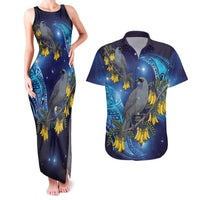New Zealand Kokako Bird Couples Matching Tank Maxi Dress and Hawaiian Shirt Kowhai Galaxy Style Polynesian Pattern