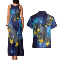 New Zealand Kokako Bird Couples Matching Tank Maxi Dress and Hawaiian Shirt Kowhai Galaxy Style Polynesian Pattern