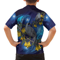 New Zealand Kokako Bird Family Matching Off The Shoulder Long Sleeve Dress and Hawaiian Shirt Kowhai Galaxy Style Polynesian Pattern