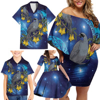 New Zealand Kokako Bird Family Matching Off Shoulder Short Dress and Hawaiian Shirt Kowhai Galaxy Style Polynesian Pattern