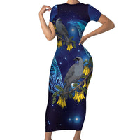 New Zealand Kokako Bird Family Matching Short Sleeve Bodycon Dress and Hawaiian Shirt Kowhai Galaxy Style Polynesian Pattern