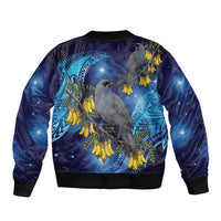 New Zealand Kokako Bird Sleeve Zip Bomber Jacket Kowhai Galaxy Style Polynesian Pattern