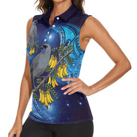 New Zealand Kokako Bird Women Sleeveless Polo Shirt Kowhai Galaxy Style Polynesian Pattern