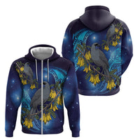 New Zealand Kokako Bird Zip Hoodie Kowhai Galaxy Style Polynesian Pattern