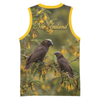 New Zealand Kaka Bird Basketball Jersey Kowhai Flower Landscape Style LT22 - Polynesian Pride