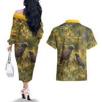 New Zealand Kaka Bird Couples Matching Off The Shoulder Long Sleeve Dress and Hawaiian Shirt Kowhai Flower Landscape Style LT22 - Polynesian Pride