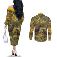 New Zealand Kaka Bird Couples Matching Off The Shoulder Long Sleeve Dress and Long Sleeve Button Shirt Kowhai Flower Landscape Style LT22 - Polynesian Pride