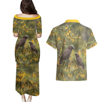 New Zealand Kaka Bird Couples Matching Puletasi and Hawaiian Shirt Kowhai Flower Landscape Style LT22 - Polynesian Pride