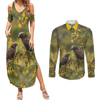 New Zealand Kaka Bird Couples Matching Summer Maxi Dress and Long Sleeve Button Shirt Kowhai Flower Landscape Style LT22 Green - Polynesian Pride