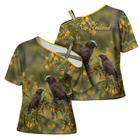 New Zealand Kaka Bird Cross Shoulder Shirt Kowhai Flower Landscape Style LT22 - Polynesian Pride