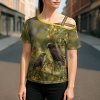 New Zealand Kaka Bird Cross Shoulder Shirt Kowhai Flower Landscape Style LT22 - Polynesian Pride