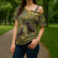 New Zealand Kaka Bird Cross Shoulder Shirt Kowhai Flower Landscape Style LT22 - Polynesian Pride