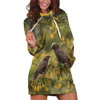 New Zealand Kaka Bird Hoodie Dress Kowhai Flower Landscape Style LT22 Green - Polynesian Pride