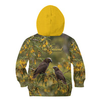 New Zealand Kaka Bird Kid Hoodie Kowhai Flower Landscape Style LT22 - Polynesian Pride