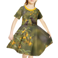 New Zealand Kaka Bird Kid Short Sleeve Dress Kowhai Flower Landscape Style LT22 - Polynesian Pride