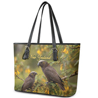 New Zealand Kaka Bird Leather Tote Bag Kowhai Flower Landscape Style