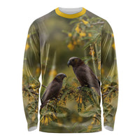 New Zealand Kaka Bird Long Sleeve Shirt Kowhai Flower Landscape Style LT22 Unisex Green - Polynesian Pride