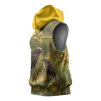 New Zealand Kaka Bird Sleeveless Hoodie Kowhai Flower Landscape Style LT22 - Polynesian Pride