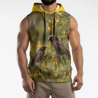 New Zealand Kaka Bird Sleeveless Hoodie Kowhai Flower Landscape Style LT22 - Polynesian Pride