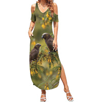 New Zealand Kaka Bird Summer Maxi Dress Kowhai Flower Landscape Style LT22 Women Green - Polynesian Pride