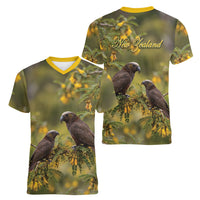 New Zealand Kaka Bird Women V-Neck T-Shirt Kowhai Flower Landscape Style LT22 - Polynesian Pride