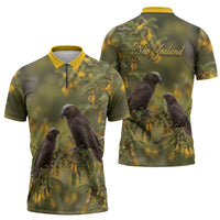 New Zealand Kaka Bird Zipper Polo Shirt Kowhai Flower Landscape Style LT22 - Polynesian Pride