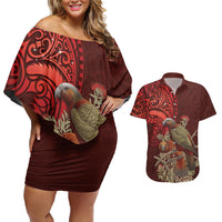 New Zealand Kaka Bird Personalised Couples Matching Off Shoulder Short Dress and Hawaiian Shirt Pohutukawa Matariki Maori Pattern LT22 Red - Polynesian Pride
