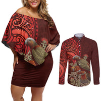New Zealand Kaka Bird Personalised Couples Matching Off Shoulder Short Dress and Long Sleeve Button Shirt Pohutukawa Matariki Maori Pattern LT22 Red - Polynesian Pride
