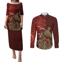 New Zealand Kaka Bird Personalised Couples Matching Puletasi and Long Sleeve Button Shirt Pohutukawa Matariki Maori Pattern LT22 Red - Polynesian Pride