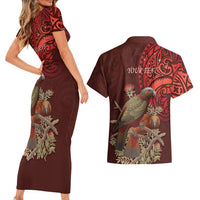 New Zealand Kaka Bird Personalised Couples Matching Short Sleeve Bodycon Dress and Hawaiian Shirt Pohutukawa Matariki Maori Pattern LT22 - Polynesian Pride