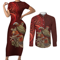 New Zealand Kaka Bird Personalised Couples Matching Short Sleeve Bodycon Dress and Long Sleeve Button Shirt Pohutukawa Matariki Maori Pattern LT22 Red - Polynesian Pride