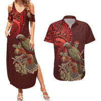 New Zealand Kaka Bird Personalised Couples Matching Summer Maxi Dress and Hawaiian Shirt Pohutukawa Matariki Maori Pattern LT22 Red - Polynesian Pride