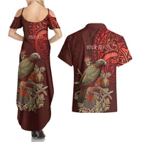 New Zealand Kaka Bird Personalised Couples Matching Summer Maxi Dress and Hawaiian Shirt Pohutukawa Matariki Maori Pattern LT22 - Polynesian Pride