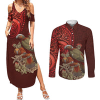 New Zealand Kaka Bird Personalised Couples Matching Summer Maxi Dress and Long Sleeve Button Shirt Pohutukawa Matariki Maori Pattern LT22 Red - Polynesian Pride