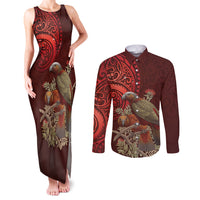 New Zealand Kaka Bird Personalised Couples Matching Tank Maxi Dress and Long Sleeve Button Shirt Pohutukawa Matariki Maori Pattern LT22 Red - Polynesian Pride