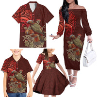 New Zealand Kaka Bird Personalised Family Matching Off The Shoulder Long Sleeve Dress and Hawaiian Shirt Pohutukawa Matariki Maori Pattern LT22 - Polynesian Pride
