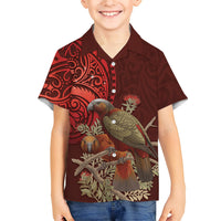 New Zealand Kaka Bird Personalised Family Matching Off Shoulder Maxi Dress and Hawaiian Shirt Pohutukawa Matariki Maori Pattern LT22 Son's Shirt Red - Polynesian Pride