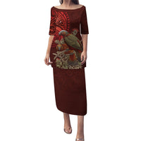 New Zealand Kaka Bird Personalised Family Matching Puletasi and Hawaiian Shirt Pohutukawa Matariki Maori Pattern LT22 Mom's Dress Red - Polynesian Pride