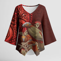 New Zealand Kaka Bird Personalised Kimono Sleeve Blouse Pohutukawa Matariki Maori Pattern